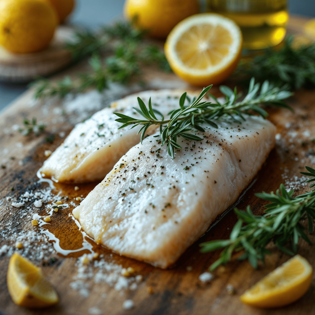 A selection of fresh rockfish fillets on a wooden board with herbs and lemon.