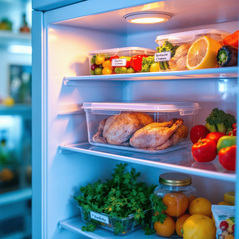 Rotisserie chicken stored in a refrigerator with labeled containers.