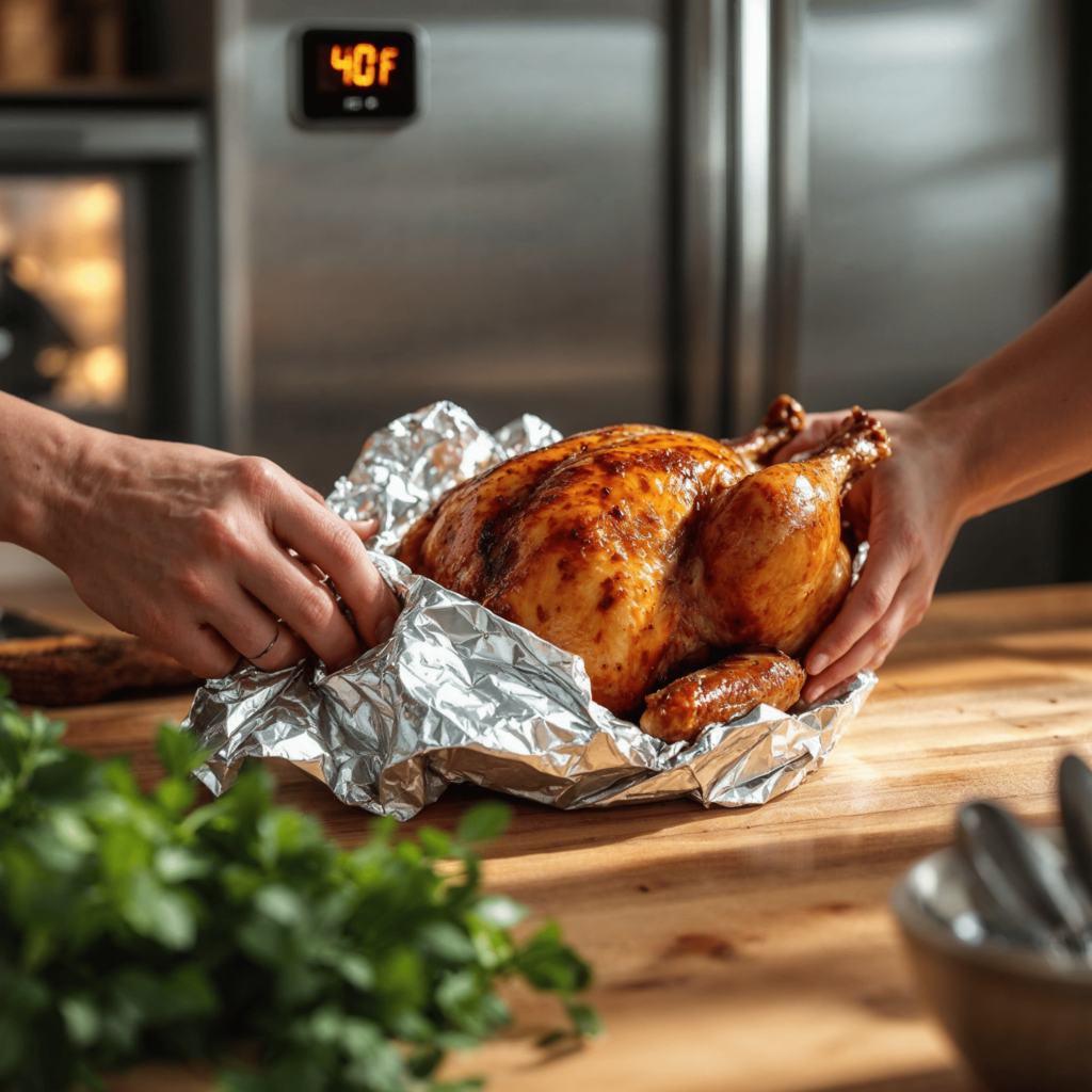 Rotisserie chicken being wrapped in foil and placed in the fridge.