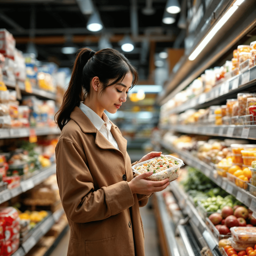 A shopper examining a container of chicken salad in Costco’s deli section