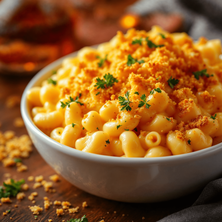 A delicious bowl of creamy mac and cheese topped with golden breadcrumbs.