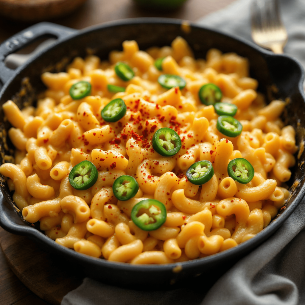 Spicy jalapeño mac and cheese served in a skillet.