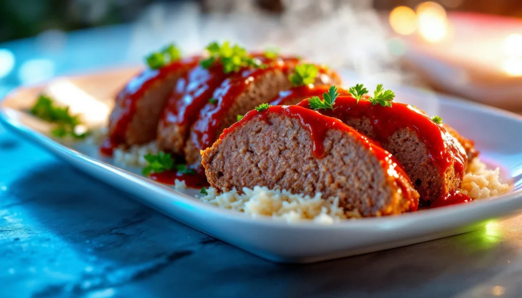 A freshly baked meatloaf sliced to reveal a moist interior.