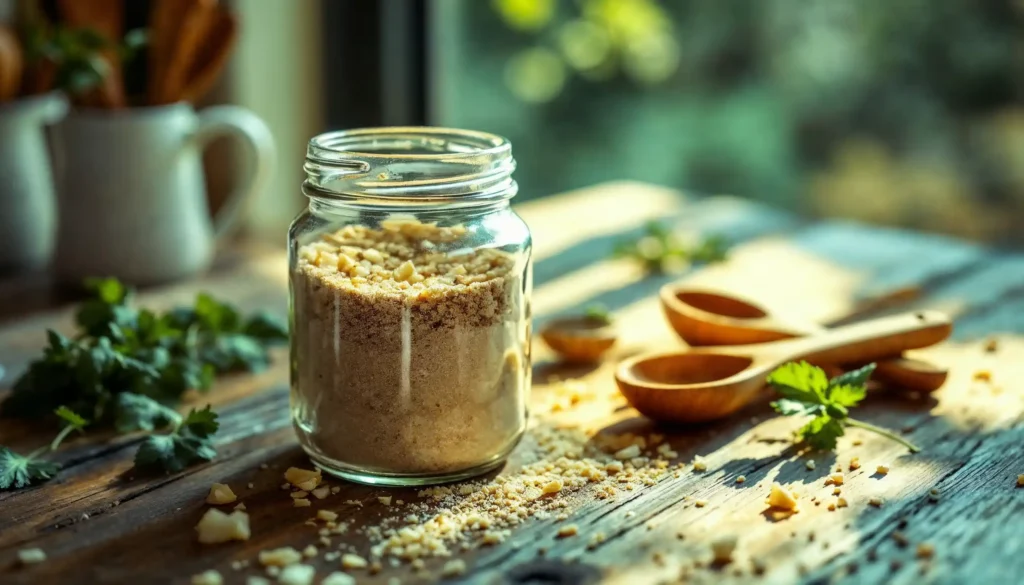 A jar of homemade onion soup mix with fresh herbs and spices