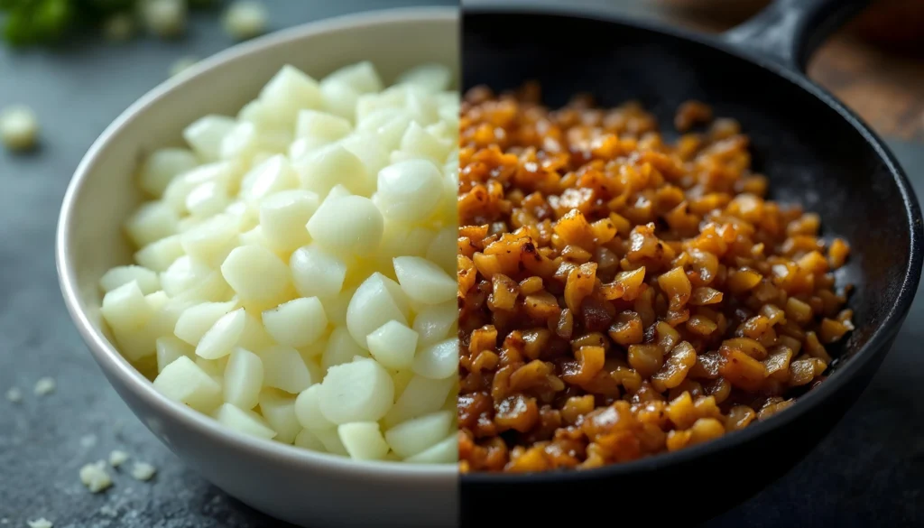 Side-by-side comparison of raw and cooked onions for meatloaf