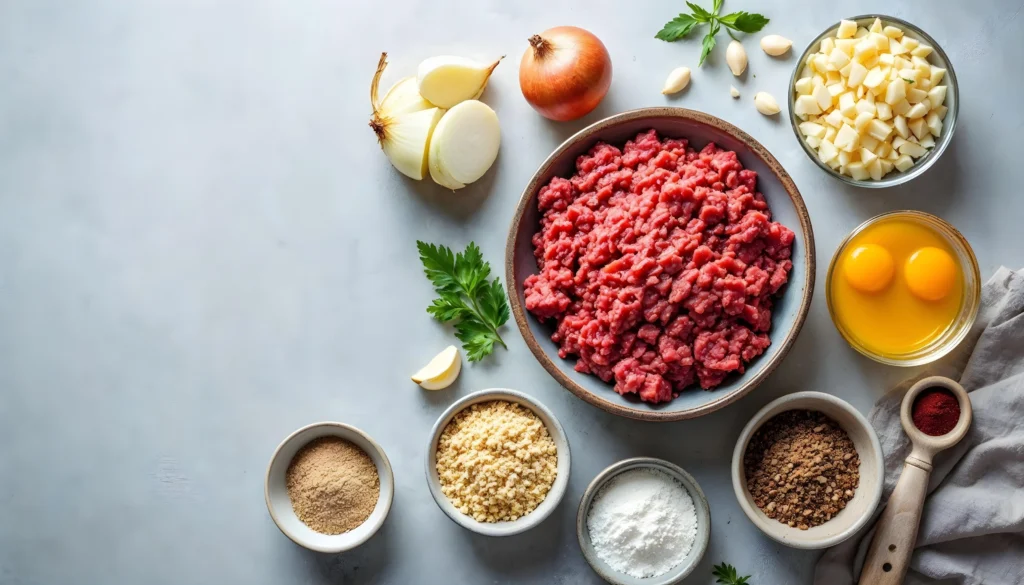 Chopped onions and meatloaf ingredients on a kitchen counter