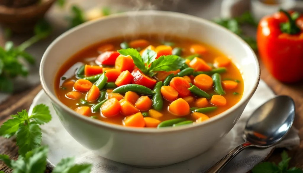 A dish of low-sodium vegetable soup made with fresh ingredients and reduced-sodium broth.