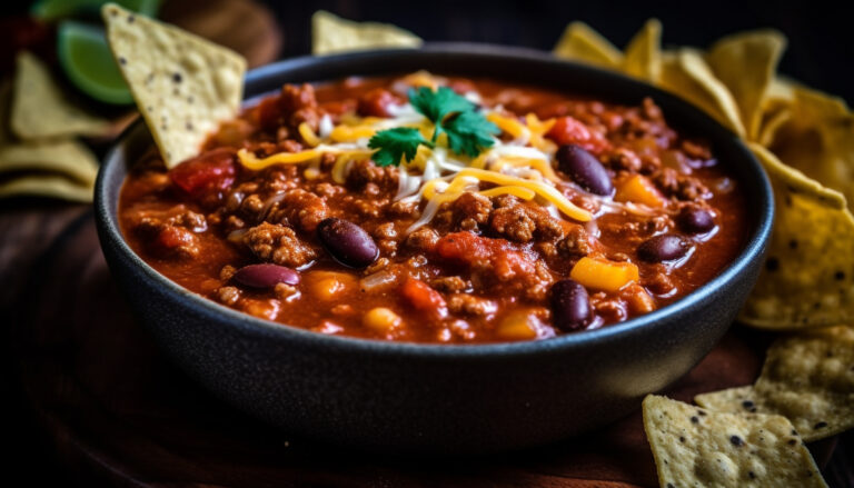 A bowl of cowboy chili with toppings like cheese, sour cream, and green onions.