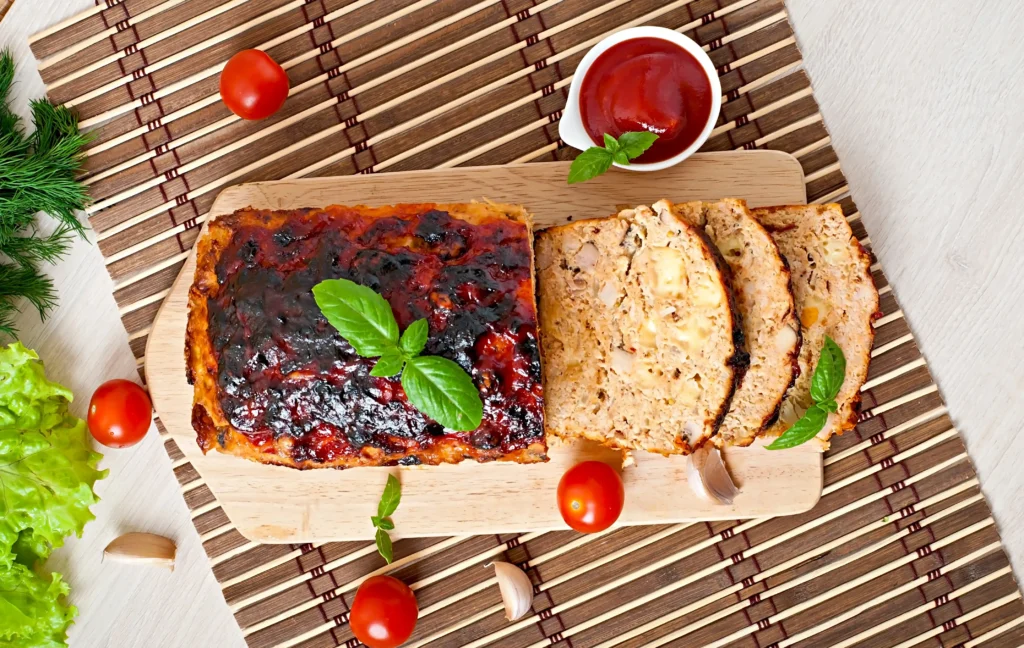 A perfectly smoked meatloaf resting on a wooden cutting board