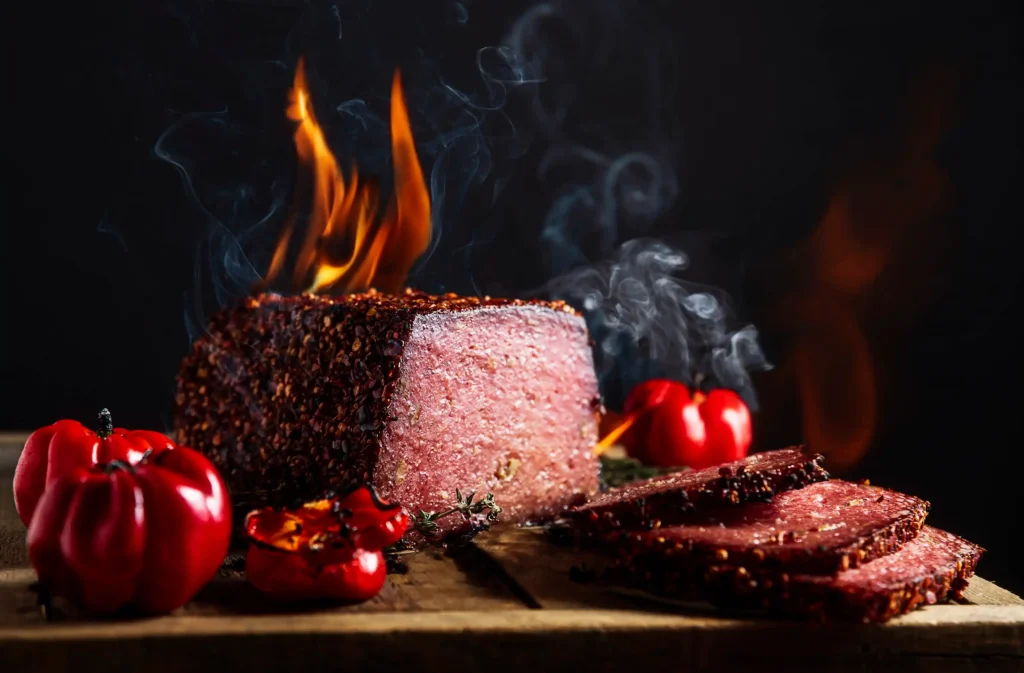 Smoked meatloaf sliced on a wooden board with smoke visible in the background.