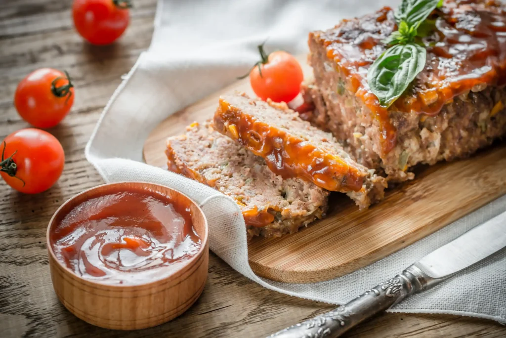 A perfectly baked meatloaf glazed with ketchup and garnished with parsley.