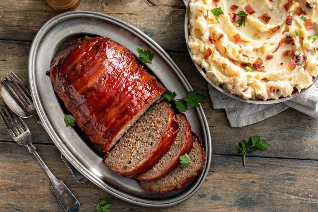 A plate with sliced smoked meatloaf, mashed potatoes