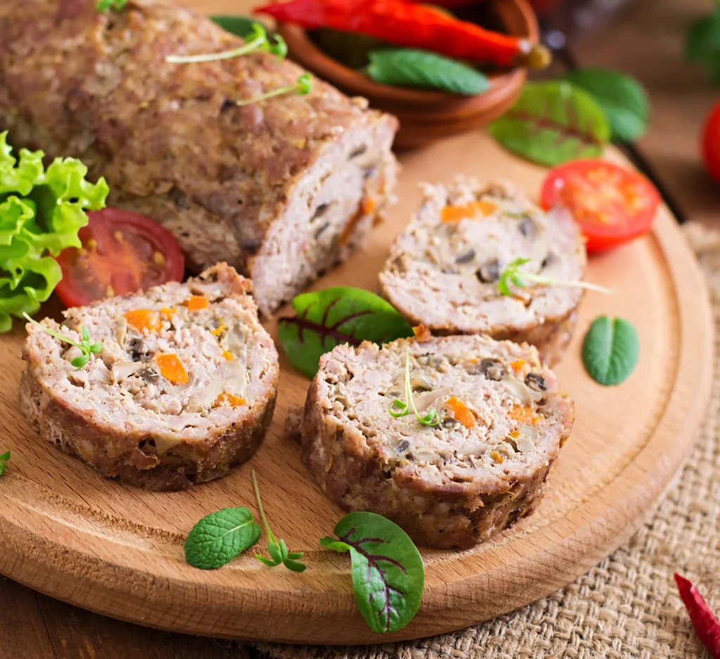 A plated slice of Italian meatloaf served with roasted vegetables and marinara sauce