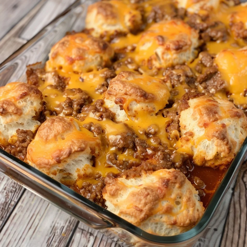 Layers of potatoes, beef, sauce, and cheese in a casserole