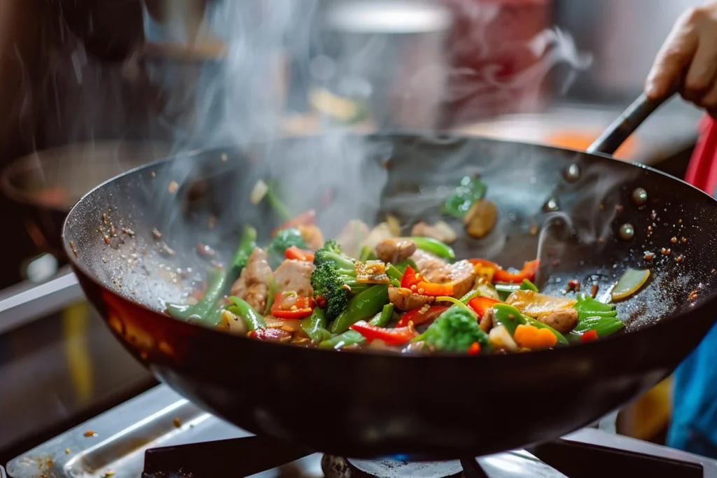 Stir-frying vegetables in a wok for brown rice.