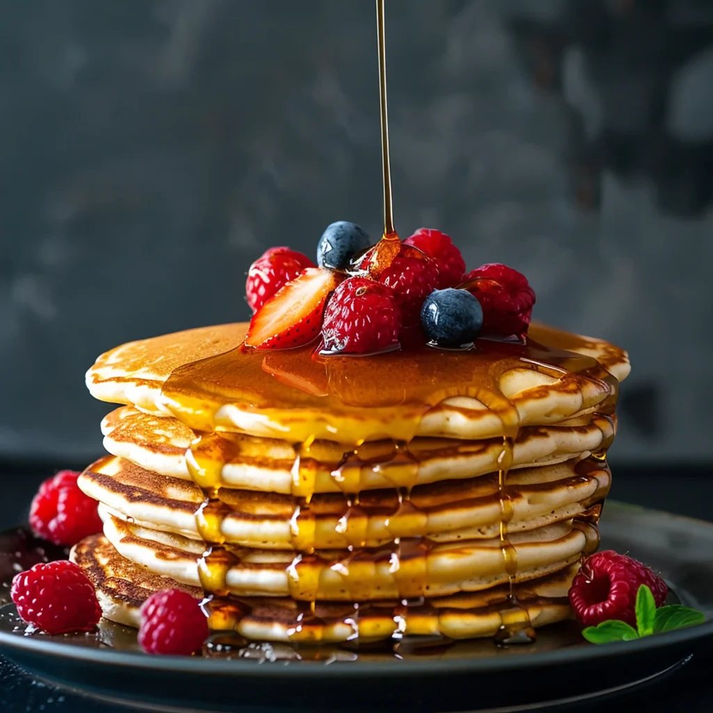 A stack of golden pancakes topped with syrup and fresh fruit on a breakfast table