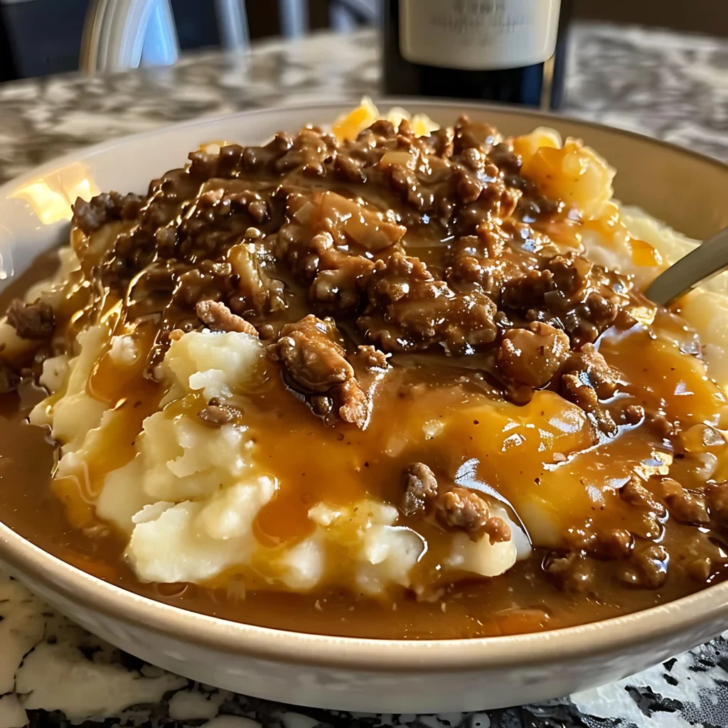 Layers of potatoes, beef, sauce, and cheese in a crockpot.