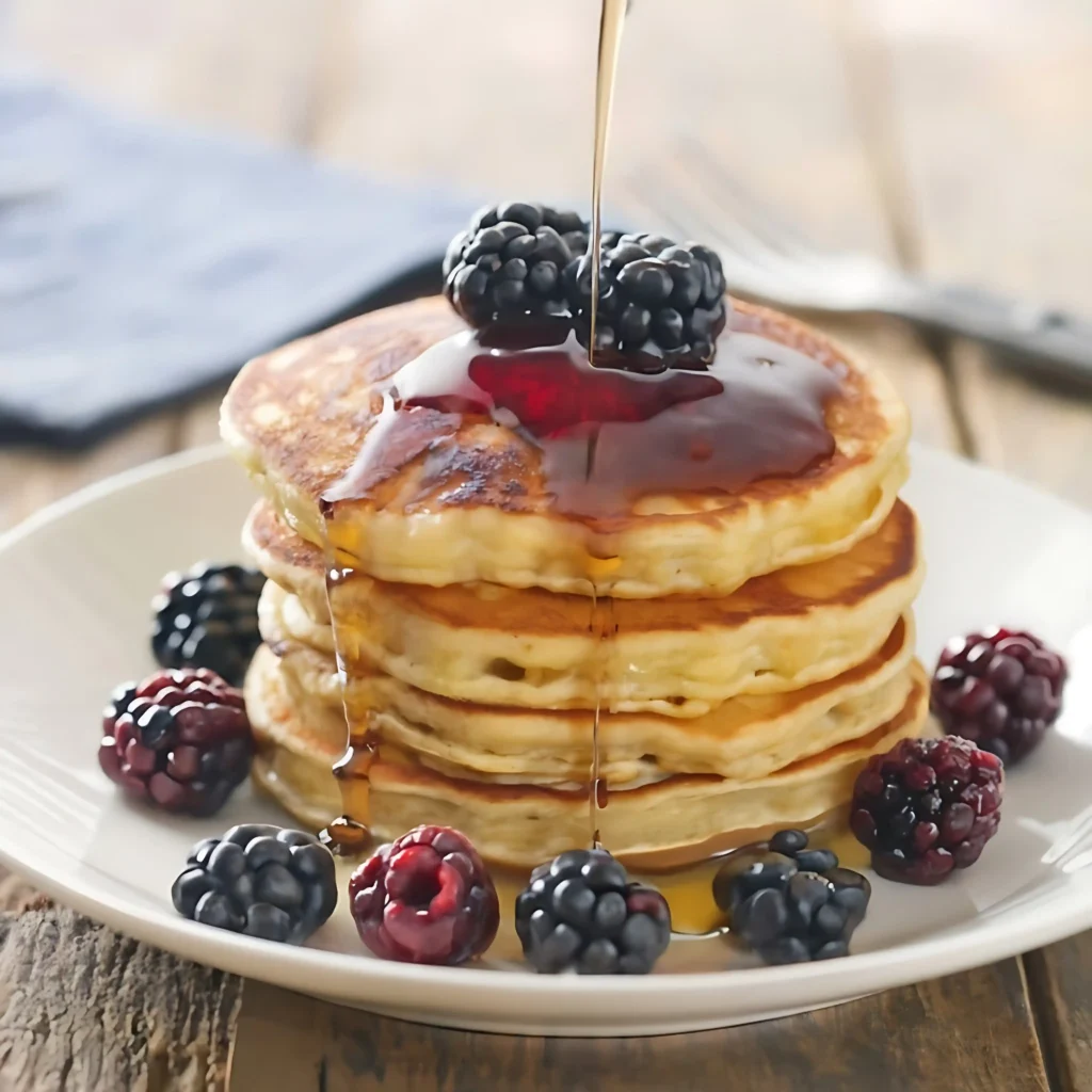 Vegan pancakes served with fruits and syrup