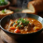 A steaming bowl of Mock Turtle Soup garnished with fresh parsley, served with a slice of crusty bread on the side, set in a cozy kitchen setting with warm lighting.