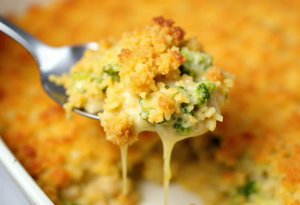 Close-up of a golden, bubbly chicken broccoli rice casserole with a spoon scooping a portion.