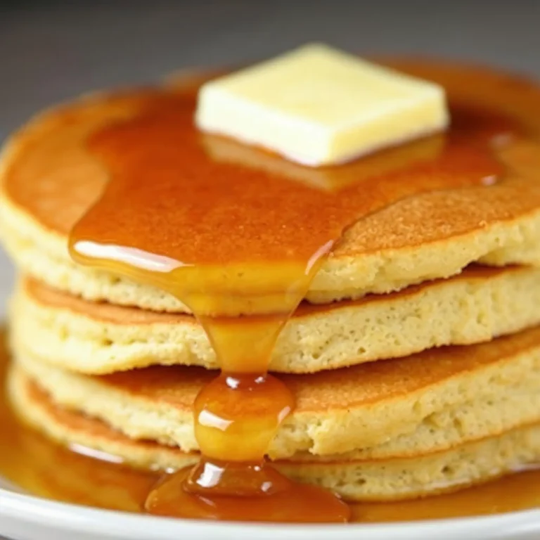 A stack of golden, fluffy pancakes topped with butter and syrup.