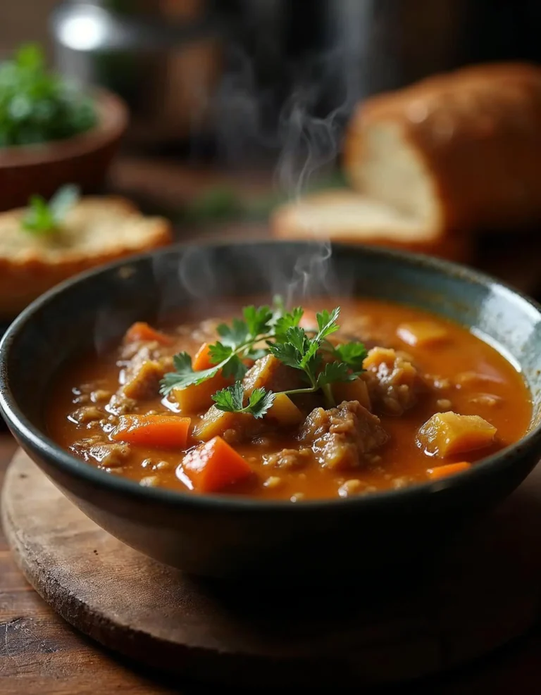 A steaming bowl of Mock Turtle Soup garnished with fresh parsley, served with a slice of crusty bread on the side, set in a cozy kitchen setting with warm lighting.