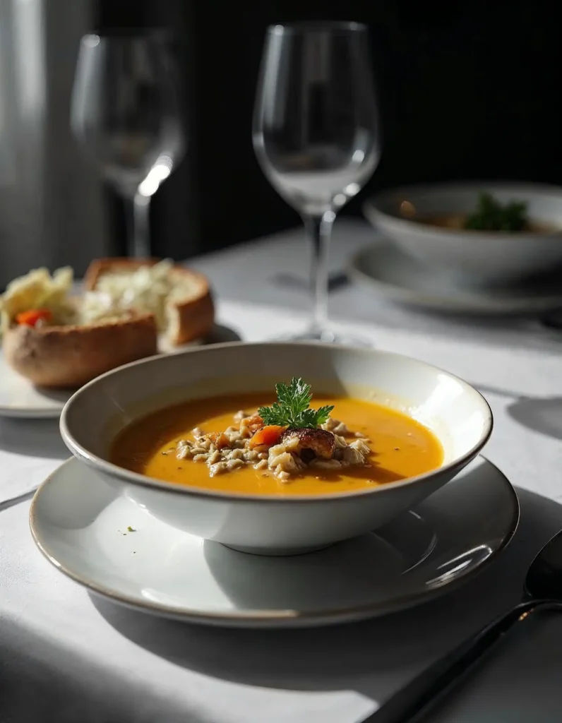 A beautifully plated serving of Mock Turtle Soup accompanied by a glass of sherry and a side salad, arranged on a formal dining table.