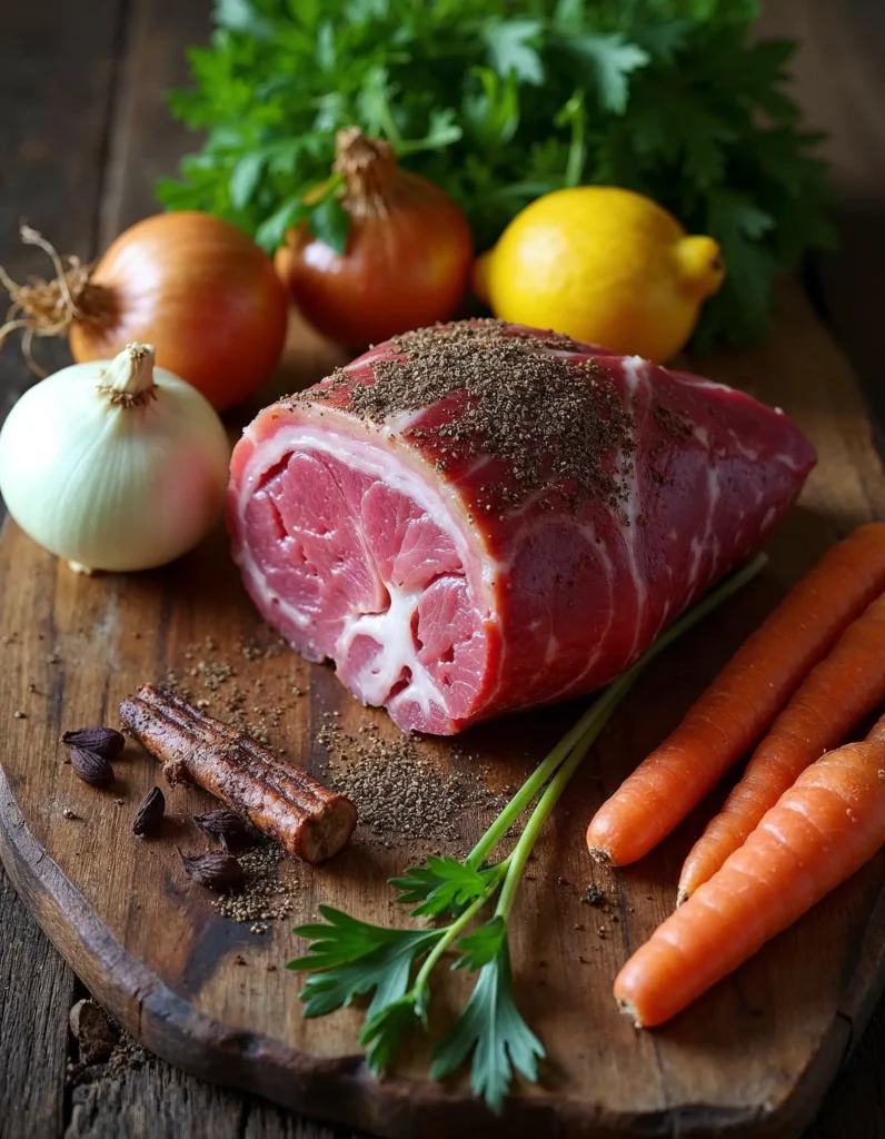 A flat lay of Mock Turtle Soup ingredients, including veal, vegetables (onion, carrot, celery), spices, lemon