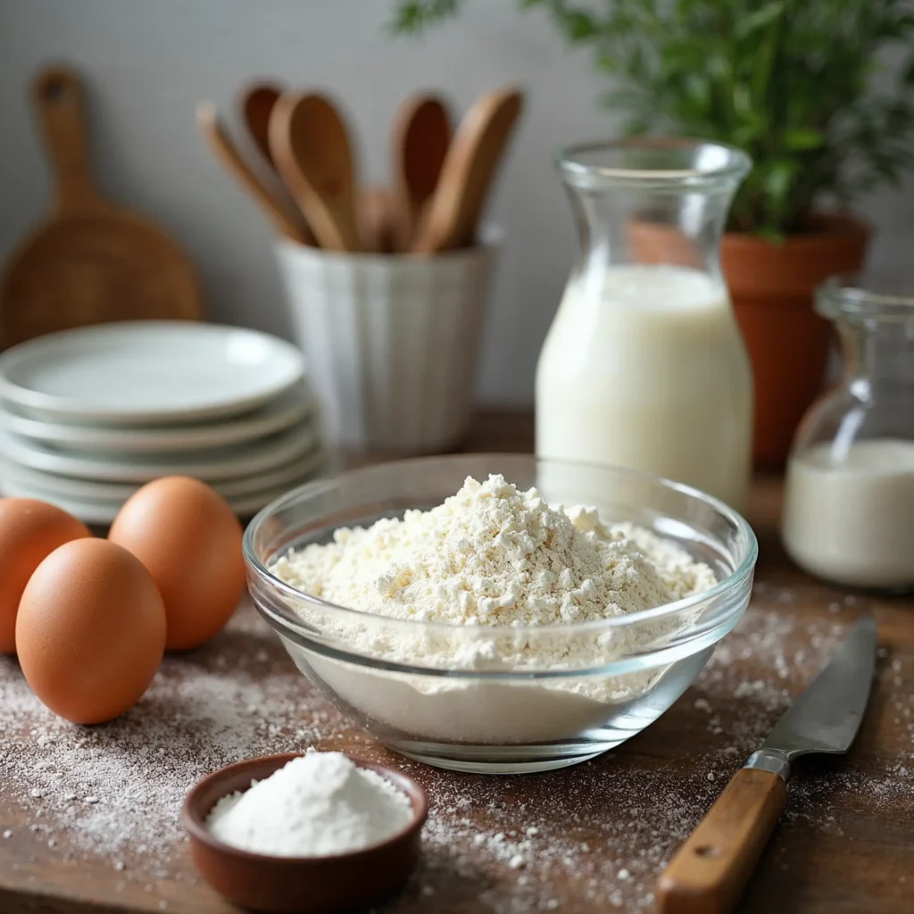 The key ingredients for making fluffy pancakes: flour, eggs, milk, and baking powder.