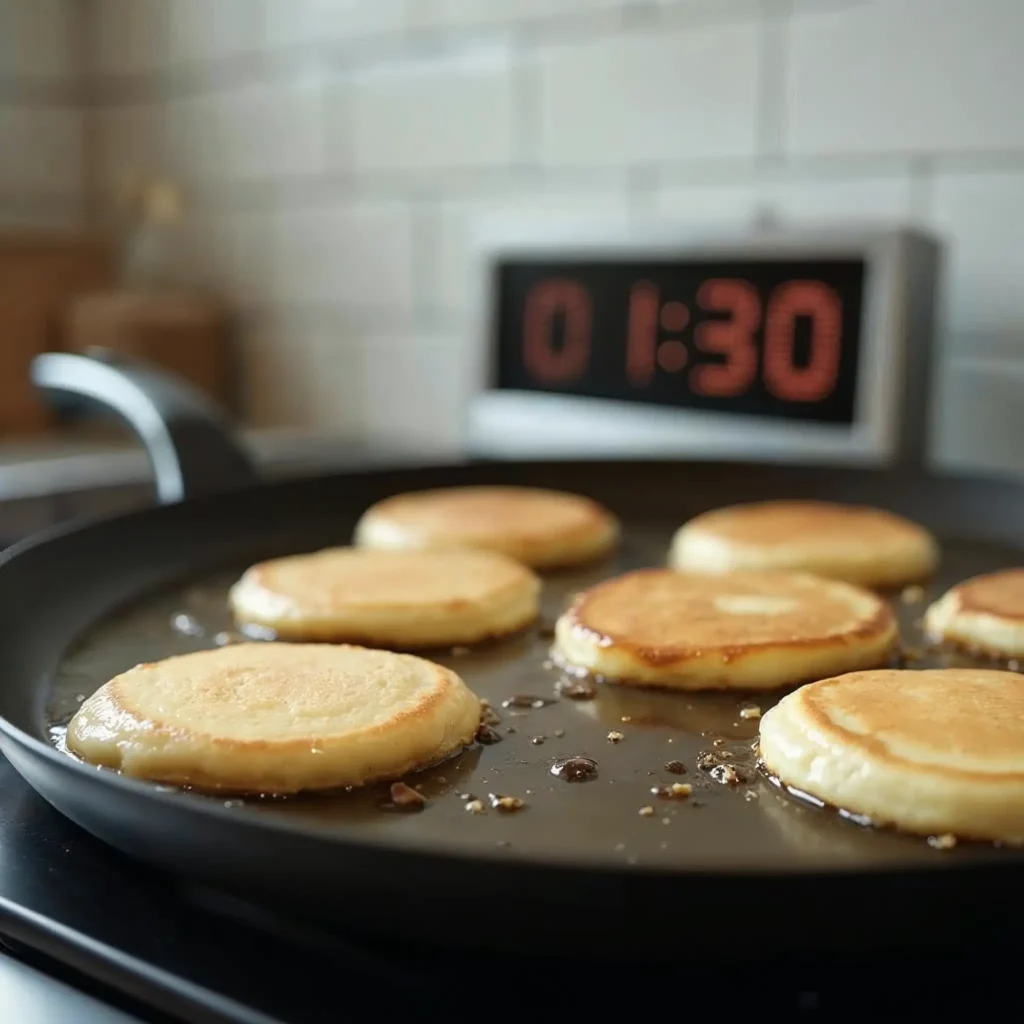 Pancakes cooking to perfection with bubbles forming on top.