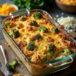 A freshly baked chicken broccoli rice casserole topped with golden cheese and breadcrumbs in a glass dish.