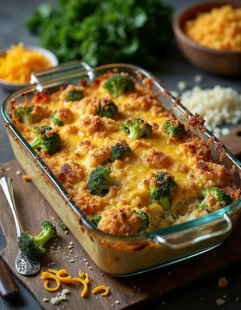 A freshly baked chicken broccoli rice casserole topped with golden cheese and breadcrumbs in a glass dish.