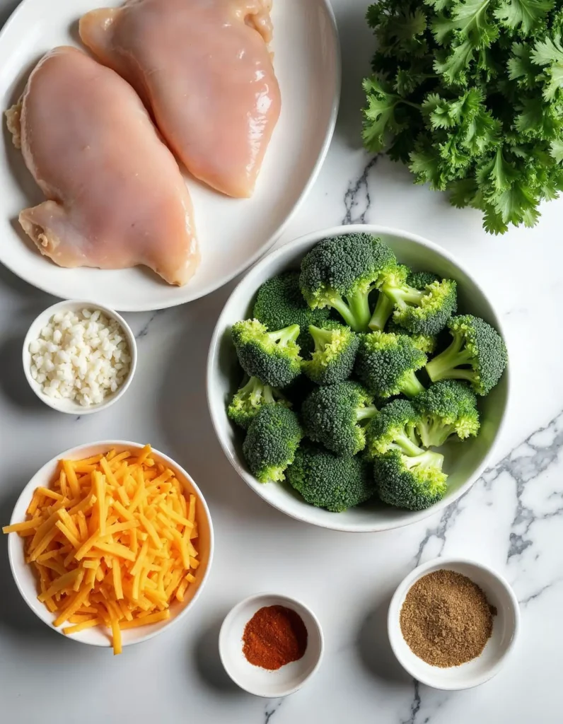 Overhead view of ingredients for chicken broccoli rice casserole, including chicken, broccoli, rice, and shredded cheese.